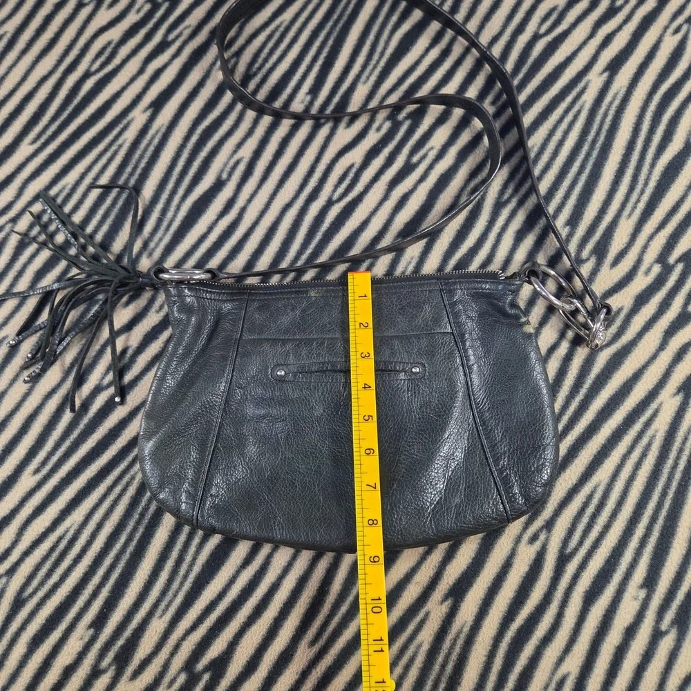 B. Makowsky Black Pebbled Leather Crossbody Bag Pleated Tassel Leopard Print
